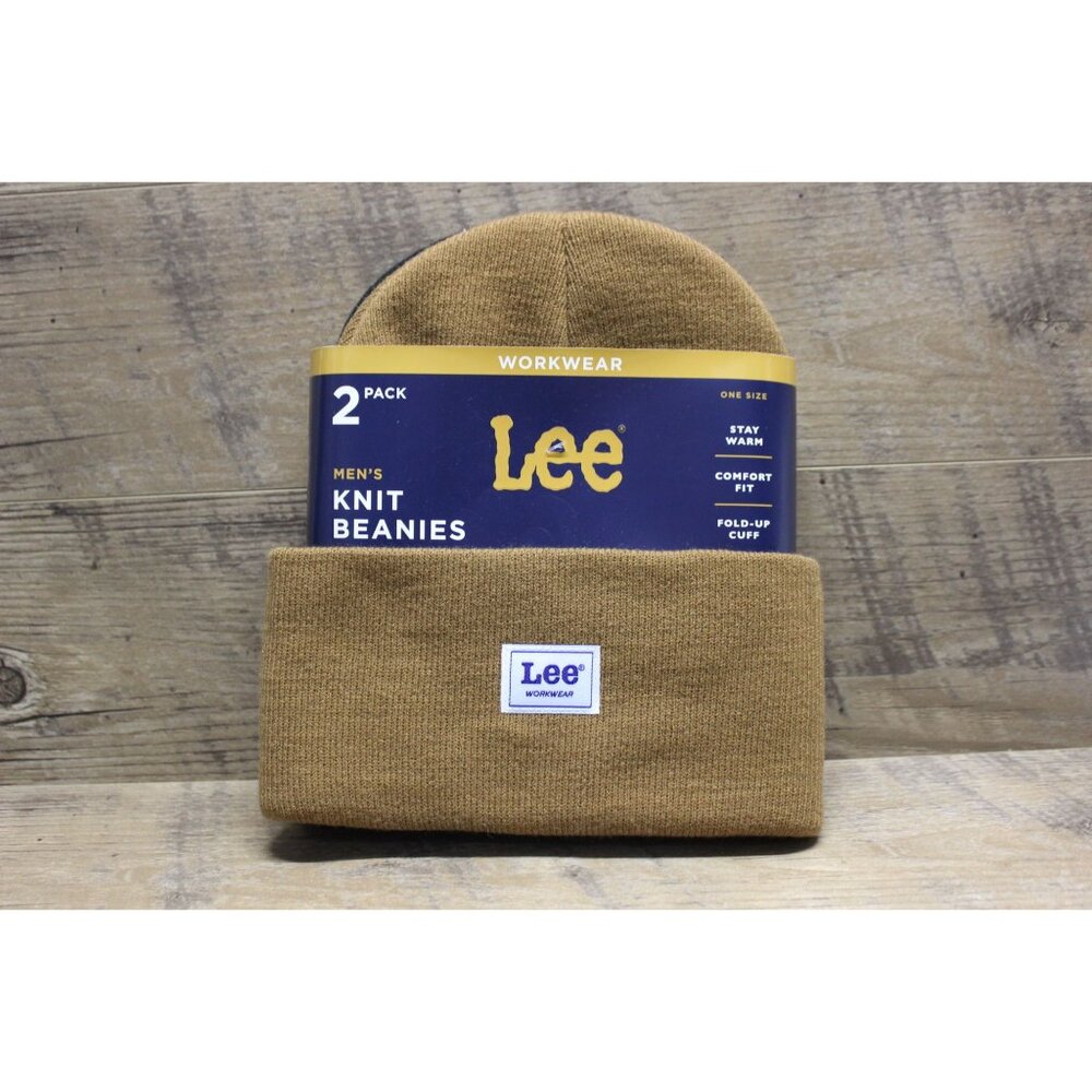 Lee workwear ribbed fold cuff knit beanie pack of 2‎ brown black